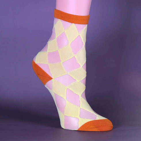 Sheer Yellow and Orange Argyle Ankle Intarsia Socks